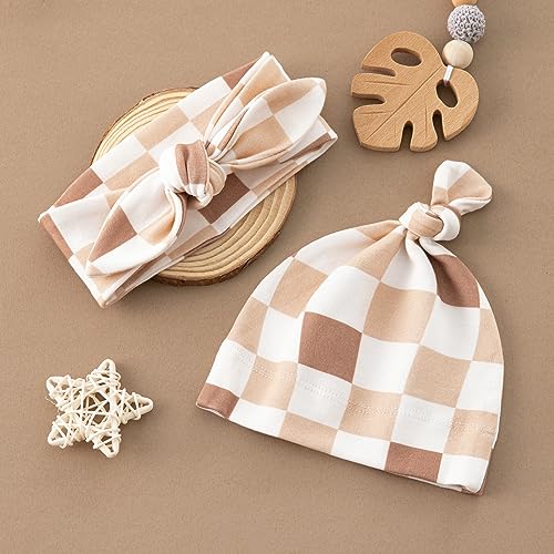 Image of BabyWhale Muslin Swaddle Blanket with Hat and Headband Bow, Checkered Pattern Swaddle Set for Baby Boys ＆ Girls, Unisex Newborn Soft Receiving Swaddle Wrap, 47x47 inches