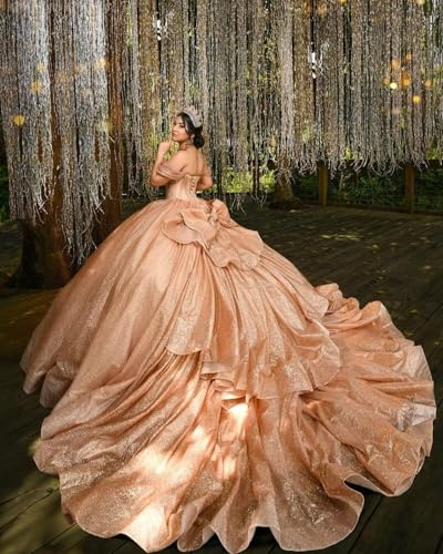 Zhangyo Glitter Tulle Quinceanera Dresses with Bow Ruffle Layered Sweet 16 Dress with Train Off Shoulder Bead Ball Gowns4