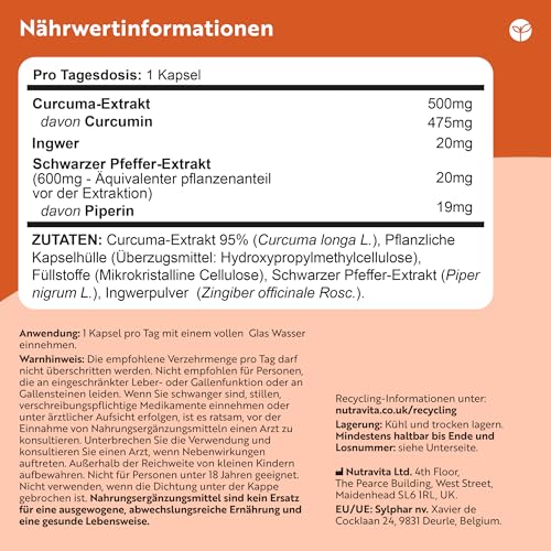 500mg Curcuma Extrakt Kapseln - 120 Kapseln - Mit 95% reinstem Curcumin - Laborgetestet - Mit Pfeffer & Ingwer - Curcuma Kapseln - Hochdosiert - Nutravita Kurkuma