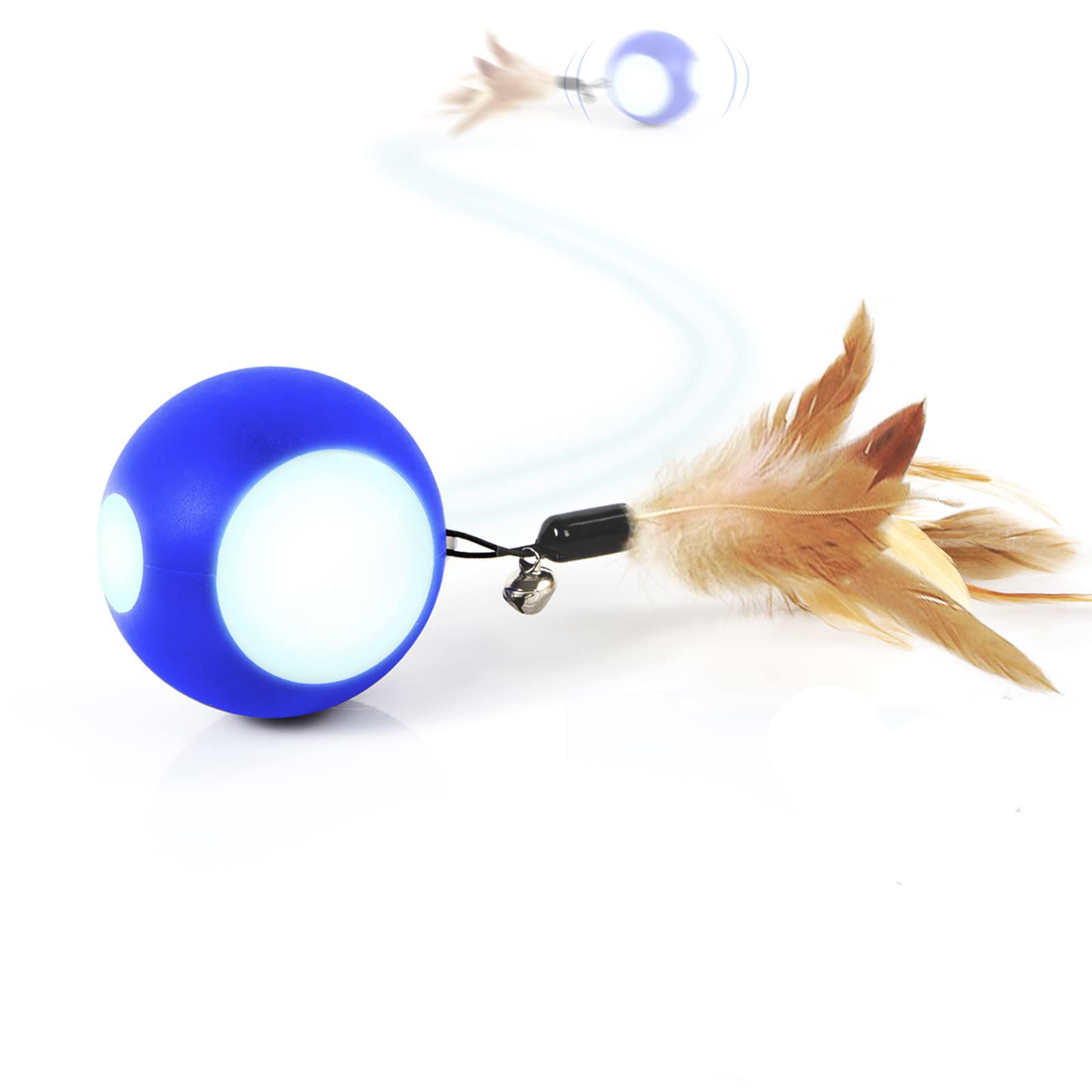 Automatic Interactive Cat Toy Ball Toy Moving Wicked Ball for Indoor Cats/Kitten, Rechargable Interactive Busy Cat Toy with Feather/Bell/LED Light for Your Pet Birthday Valentine Gift (Blue)
