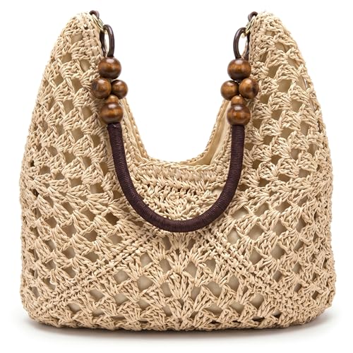 Bolso de hombro de paja de gran capacidad con cuentas de madera para mujer