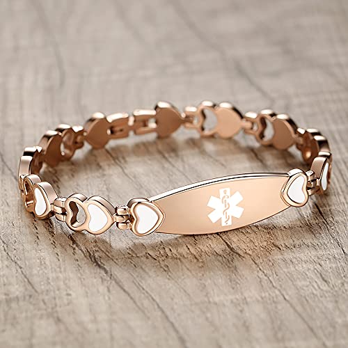 Tarring Lovely Rose Gold Heart Medical Id Bracelets For Women Customizable Medical Alert Bracelet-6.5 #TOP1