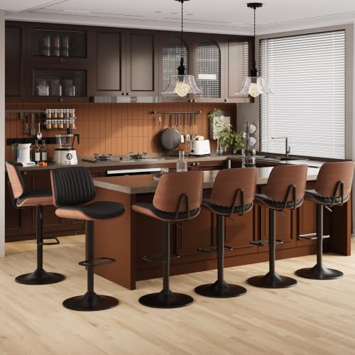 Image of MALOL Bar Stools Set of 6, Adjustable Counter Height Bar Chairs 26 inch-34.5 inch with Swivel & Footrest, Modern Faux Leather Barstools for Kitchen Island, Dining Room,Pub,Black