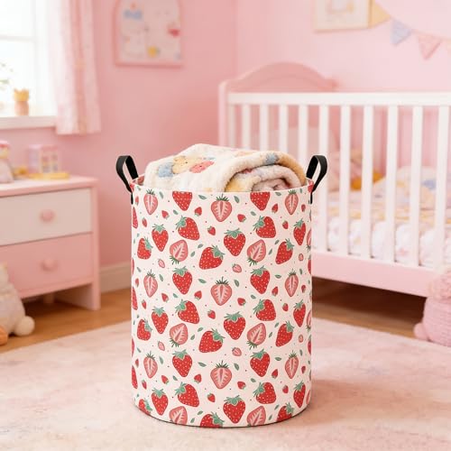 Image of Strawberry Fabric Storage Bin Nursery Organizer Basket | Organizer Bin Dirty Clothes Collapsible Waterproof for College Dorms, Boys and Girls Bedroom,Bathroom