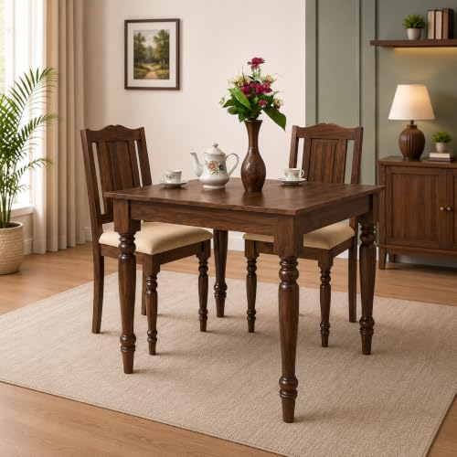 Image of Wooden Dining Table Set for 2 Seater | Table Size 35 x 35 x 29 Inches | Chair Size 18 x 18 x 39 Inches | Solid Wood Construction | Basic Assembly Required | Dining Room Furniture Set (Walnut Finish)