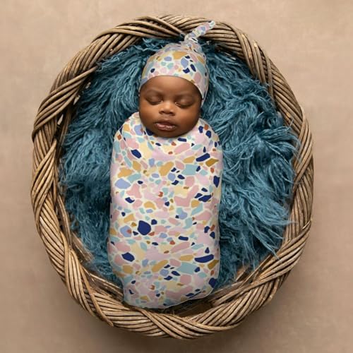 Image of Pastel Coloured Terrazzo Newborn Swaddle Blankets Hat Sets Soft Baby Receiving Blanket Swaddle Sack for Baby Shower Infant Boy Girl Gift