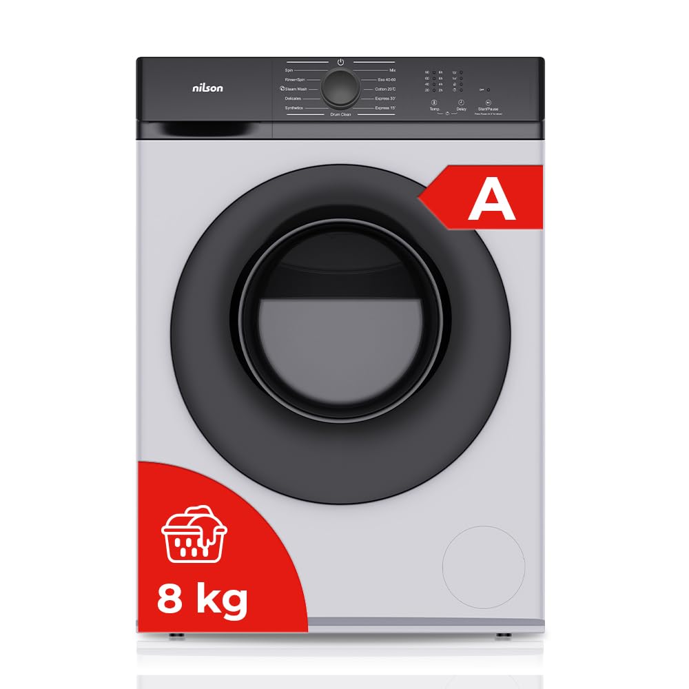 Nilson Lavadora 8Kg Carga Frontal Blanco NL8200AI. 1600W, 1200rpm, Motor Inverter, 11 Programas, Función Stop&Go, Tambor Diamante, Clase de Eficiencia Energética A