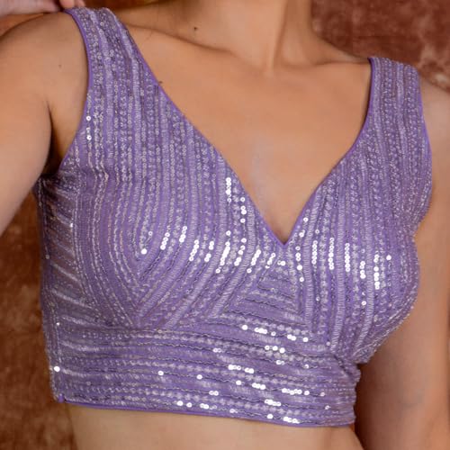Image of FIGURE'S DESIGNER Women's Sequin Embroidered SabyaSachi Cut Sweetheart V Neck Sleeveless Readymade Saree Blouse E30