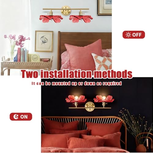Image of 2-Light Red Floral Wall Sconce Mid Century Antique Gold Bathroom Vanity Light with Metal Base, Wall Lighting Fixture Over Mirror for Living Room Bedroom Hallway