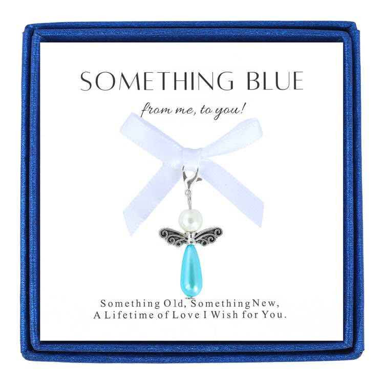 Image of SANDOO Something Blue for Bride On Wedding Day - Something Blue Gift for Bride,Angel Wing Bridal Bouquet Charm from Mom Dad Grandma Sister Friends Bff