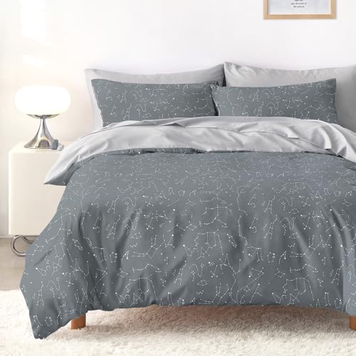 Wake In Cloud - Constellation Comforter Set, Celestial Space Star Galaxy Astrology, Soft Lightweight Bedding for Teen Kids Boys Girls, 3 Pieces, Grey, Queen Size