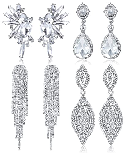 Kakonia 4 Paires de Boucles D'oreilles à Clip pour les Femmes et les Filles Boucles D'oreilles Pendantes Non Percées en Cristal Argenté Avec Strass pour le Mariage et...