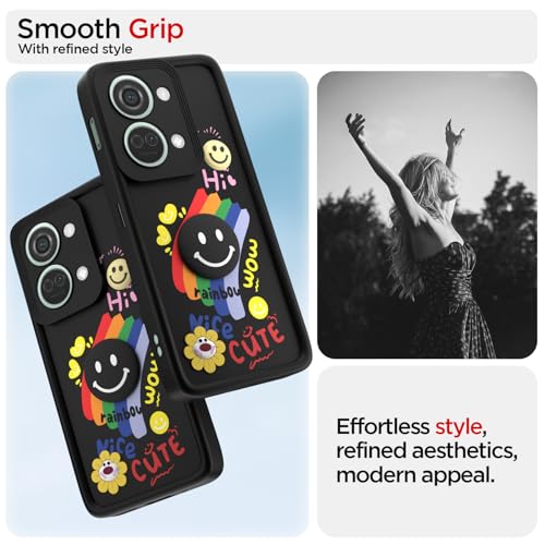 Image of Pikkme Back Cover for OnePlus Nord 3 5G | Soft Silicone| Cute Rainbow Smile & 3D Cartoon Flower Design | Shockproof Raised Camera Protection Bumper Case (Black)