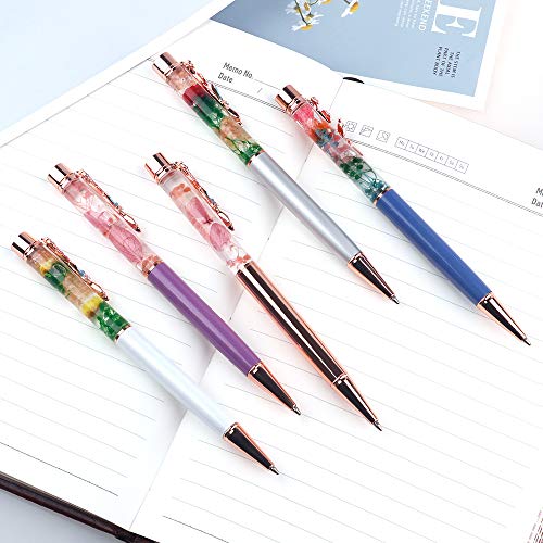 Ballpoint Pens,5 Pieces Dynamic Liquid Flower Pen Refillable Black Ink with Retro Floral Pen Clip for Desk Accessories