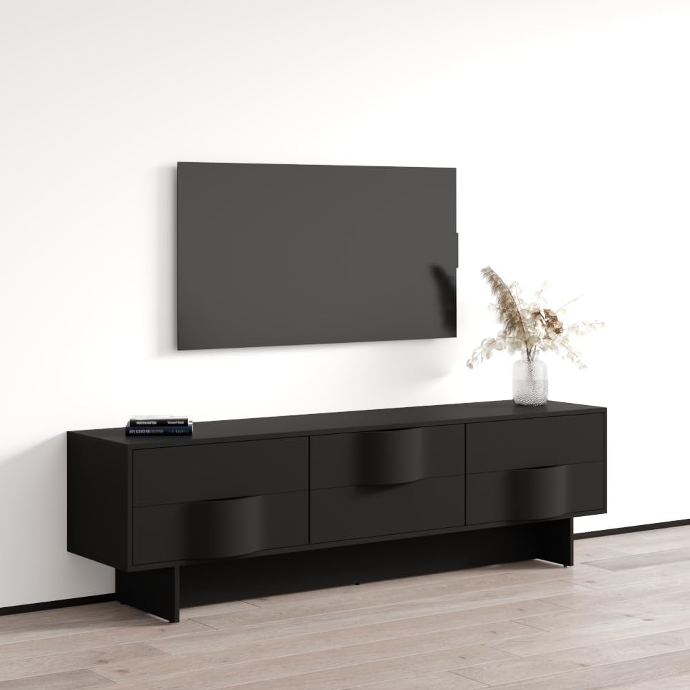 Meble Furniture Wave 01 Modern TV Stand — Rectangular Shape with Storage Drawers — Matte and High-Gloss Finish, 63.8" W x 15.7" D x 19.7" H — Black