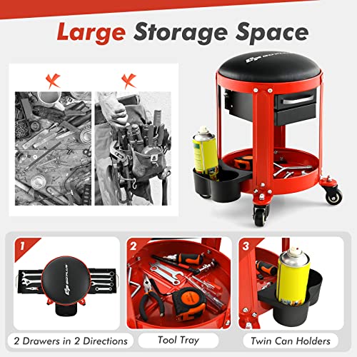 Goplus Rolling Mechanic Stool, Shop Stool Creeper Seat With Removable Padded Seat, 2 Drawers, Tool Tray, Twin Can Holder, Universal Wheels, Round Garage Workshop Chair, 330 Lbs Max Capacity #TOP1