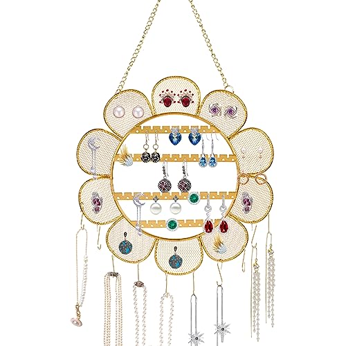 Voyyphixa Sunflower Wall Mounted Earring Holder Rack Jewelry Holder Organizer Wall Grid Organizer Necklaces Wall Holder Hanging Jewelry Storage for Necklaces Bracelet Stud Earrings Display (Flower)