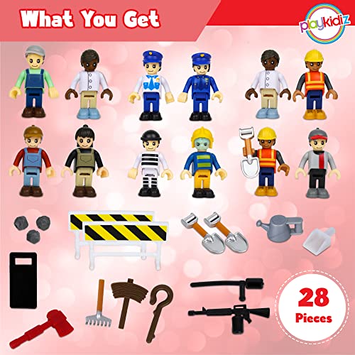 Playkidiz 12 Toy Action Figures & Accessories, 2 Inch Play People Construction And Community Worker Figurines - Pretend Play Toys For Kids 3+ (28Pcs) #TOP3