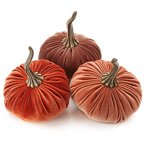 Set of 3 Velvet 6.25 Inch Pumpkins, autumn decor...
