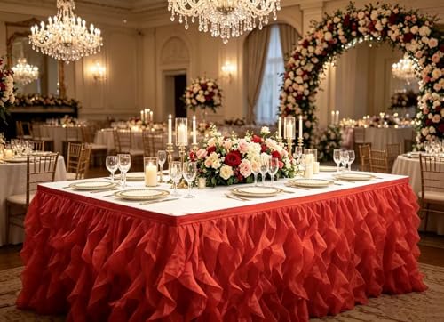 Image of Luxury Organza Mesh Table Skirt Draping Floating Romance - Perfect for Bridal Showers, Birthday Weddings - Clear Flowing Decoration for a Wonderful Main Cake Table (Red-6ft, 72 inch Lx30 H)