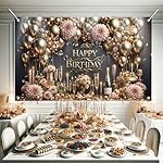 Luxury Happy Birthday Backdrop Black Gold Party Decoration Elegant Balloon Champagne Floral Banner for Women Men Birthday Celebration Photography Background Photo Booth 71 x 43 inch - Image 4