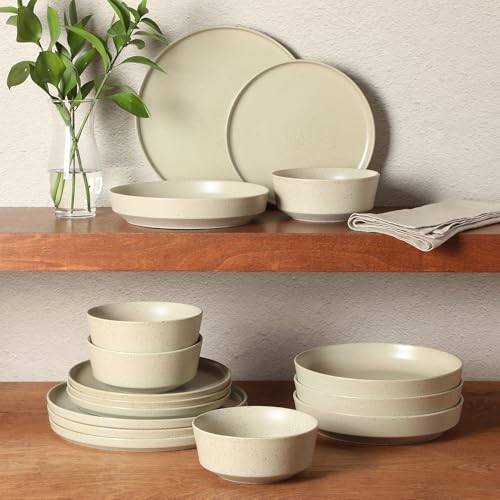 Image of Gibson Elite Overbrook 16-Piece Pottery Clay Stoneware Dinnerware Set - White Reactive Glaze, Stackable Plates and Bowls w /Pasta Bowl, Service for 4 - Microwave & Dishwasher Safe