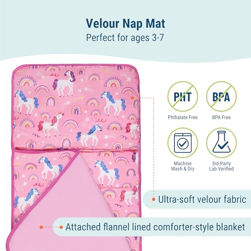 Image of Wildkin Kids Velour Nap Mat for Girls - Soft & Cozy Toddler Sleep Mat with Built-in Blanket for Daycare, Preschool, Kindergarten & Travel, Ages 3-7, Machine Washable - Rainbow Unicorns