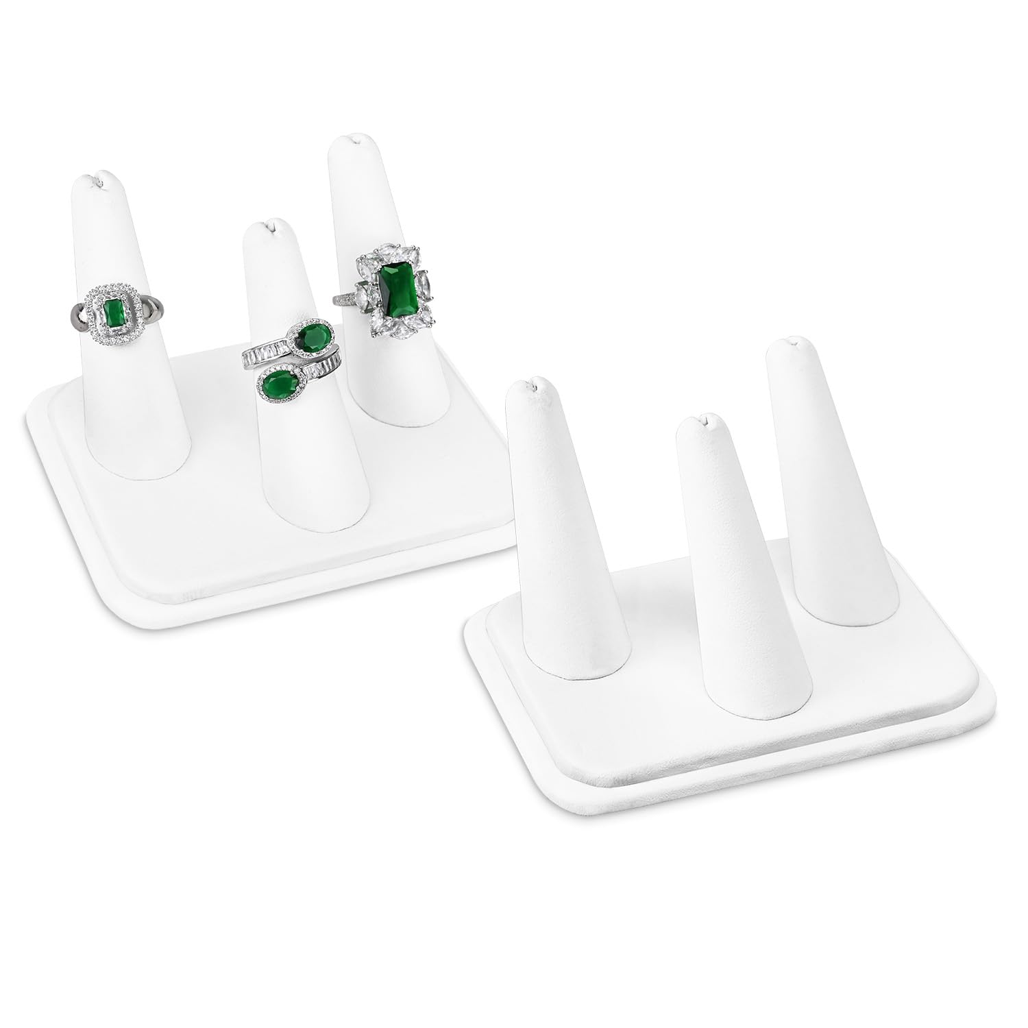 MOOCA Deluxe Leatherette 2 Pcs Set 3-Ring Organizer for Showcase Display Ring Finger Holder Jewelry Display Stands Showcase Jewelry Storage Counter, White PU Leatherette, 4 W x 3 1/4 D x 2 3/8 H inch