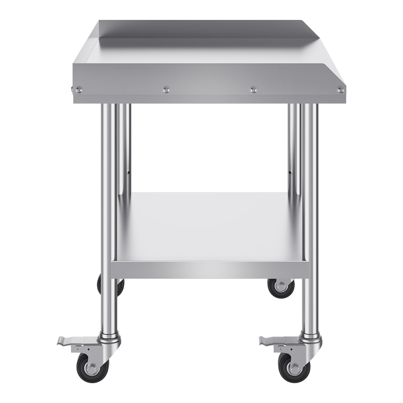 Happybuy Stainless Steel Work Table, 24 x 28 x 30 Inch Commercial Food Prep Table with 4 Casters, 3-Sided Backsplash, Heavy Duty Metal Worktable for Restaurant, Home, Hotel