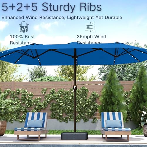 Kingdura 15ft Large Patio Umbrella with Solar Lights, Double-Sided Rectangle Outdoor Table Umbrella with Base Included, 12 Reinforced Ribs, 48 Led Lights, Crank Lift for Market Pool Deck, Royal blue by Kingdura - Used condition - Image 4