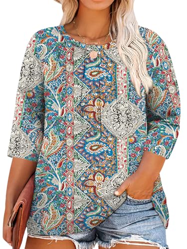 Image of Chulianyouhuo Womens Plus Size Tops 3 /4 Sleeve Casual T Shirts | Crew Neck, Pleated Blouse Tee, Dressy Casual Shirts, Loose Fit Tunic Tops, Soft Fabric, Going Out Outfits