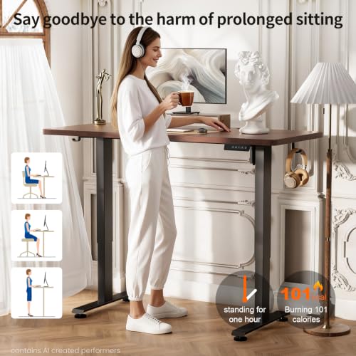 Image of Veken 47.2 Inch Large Electric Standing Desk, Gaming Table, Walnut | Height Adjustable Sit Stand Up Computer Tables for Home Office, Study , Writing, Suit students, employees and group work