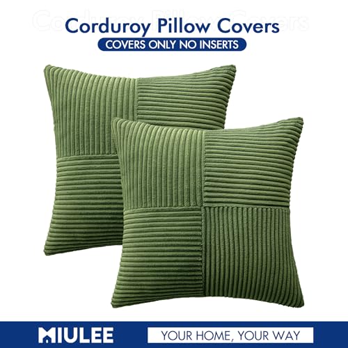 Image of MIULEE Moss Green Decorative Throw Pillow Covers 20x20 Inch for Couch Bed Sofa Pack of 2 Boho Farmhouse Throw Pillows Soft Cross Corduroy Patchwork Textured Cushion Cases