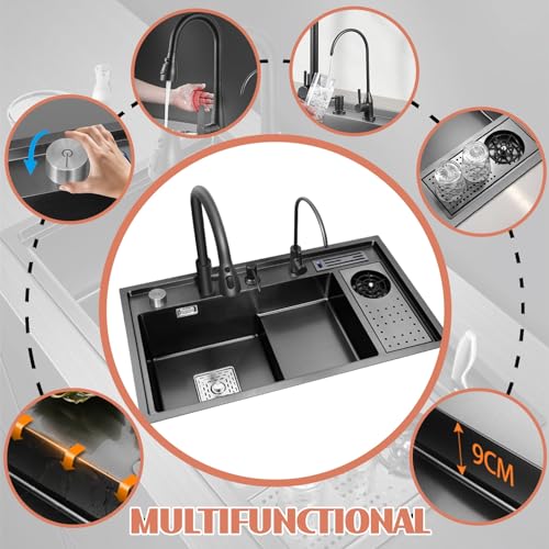 Fregadero de cocina moderno y fácil de limpiar en acero inoxidable negro con sifón completo 4
