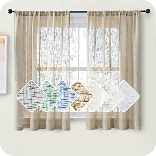 MRTREES 2 Pièces Rideaux Voilage Brun 140x145 cm Rideau Court pour Petite Fenêtre Rideau Tamisant Passe Tringle Souple avec Motifs de Croix Décoration Élégante de Salon Chambre Salle à Manger