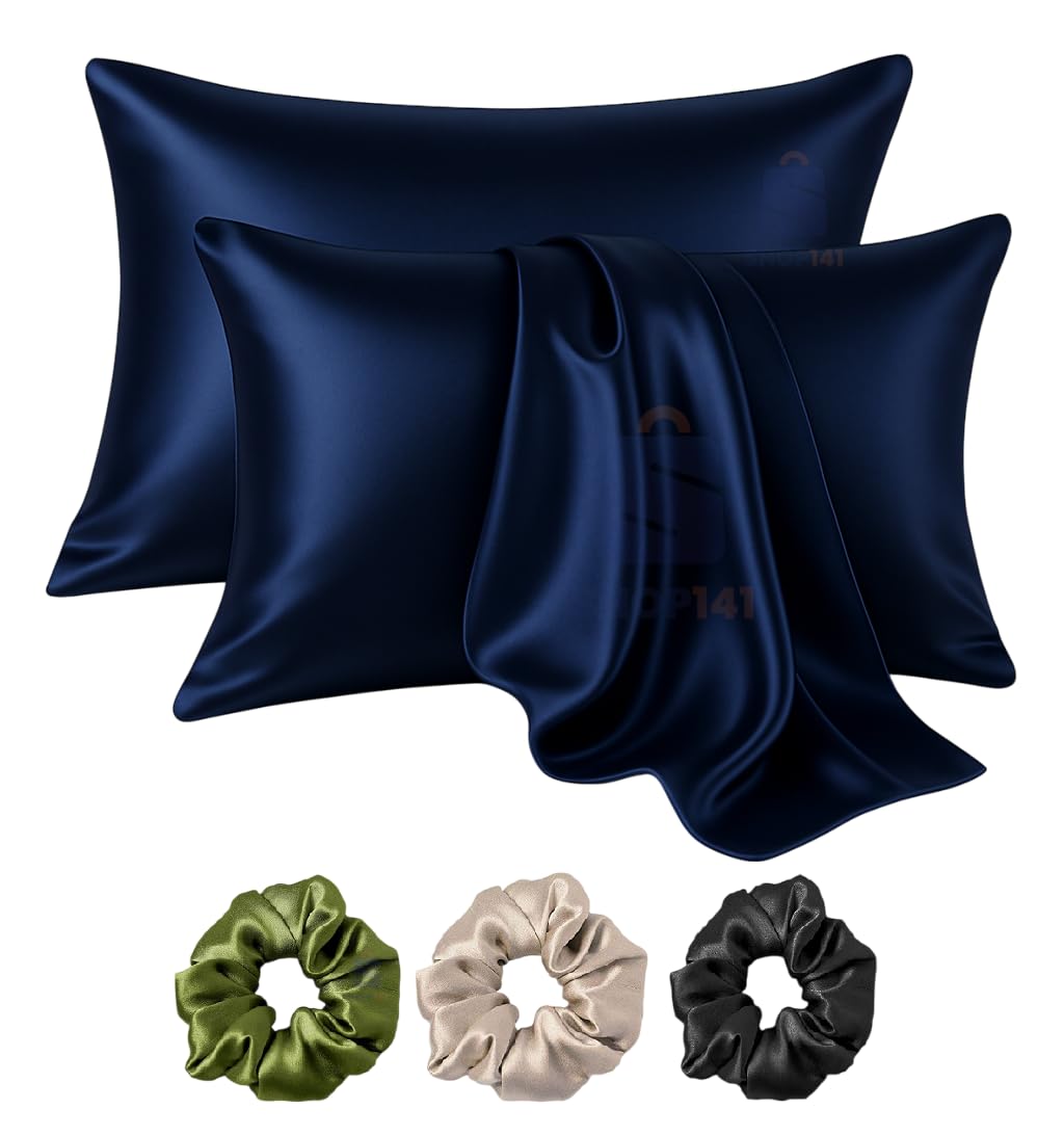 Shop141 Satin Silk Pillow Cover for Hair and Skin 2 Piece with 3 Piece Satin Silk Scrunchies Free Solid Pillow Covers with Envelope Closure (Blue)