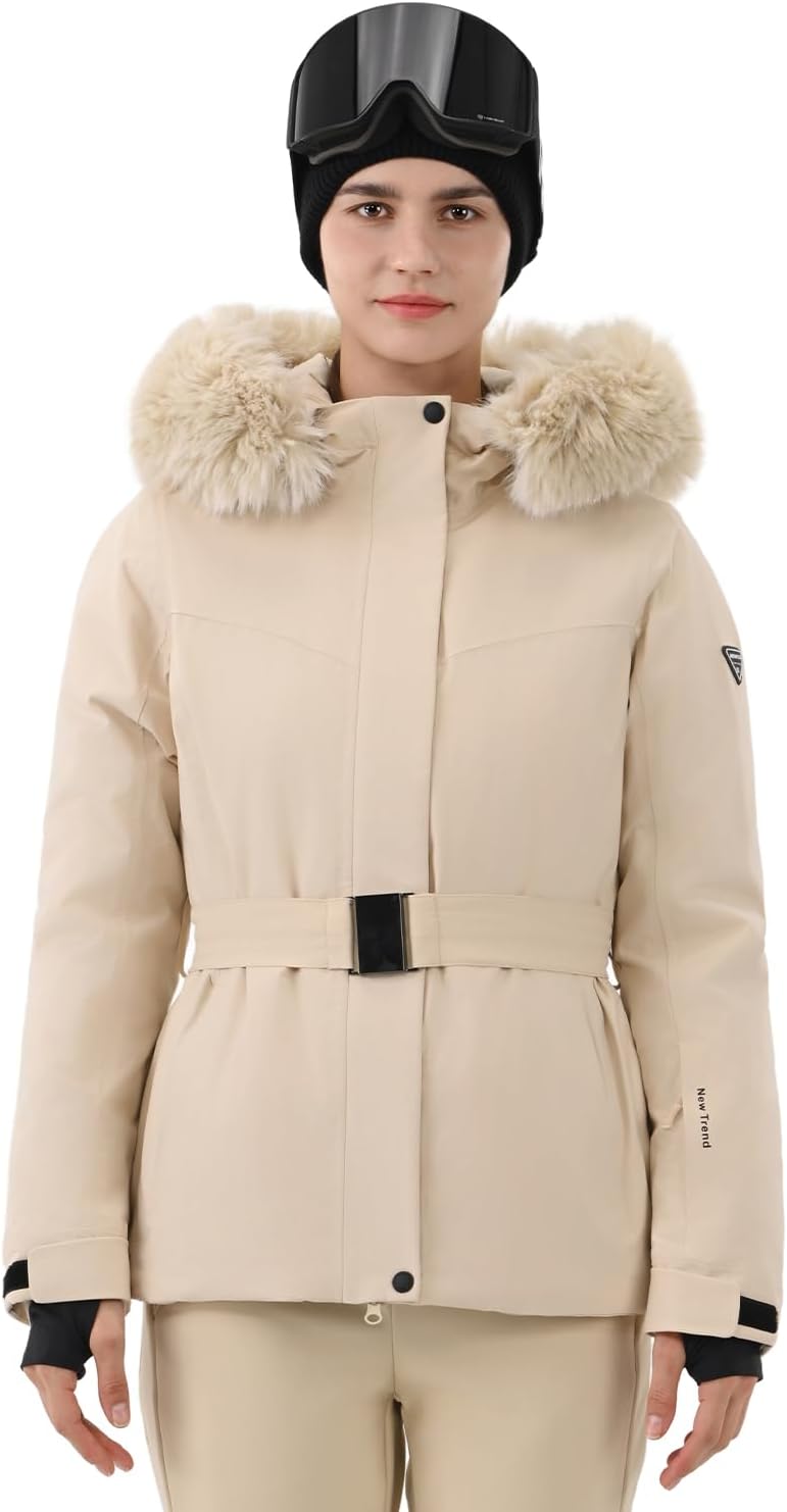 HIGH EXPERIENCE Women Ski Jacket Snowboard Fitted Slim Belted Snow Coat Warm Winter Waterproof Windproof Insulated Hooded