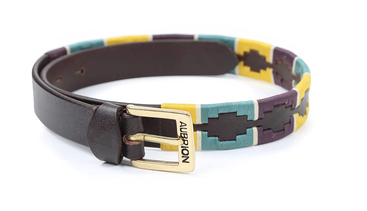 ShiresAubrion Drover Polo Belt, 35mm, in Yellow/Dark Green/Purple 80Cm, Y/Dg/P