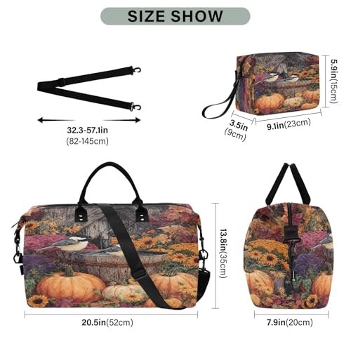 Sunflowers Birds Fall Pumpkins Travel Duffel Bag for Men Women with Makeup Bag Weekend Overnight Carry On Bags for Hospital Travel Gym3