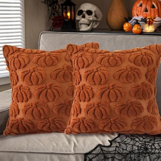 2 Pieces Fall Pillow Case Cover 18x18 Pumpkin Pattern Soft Plush Faux Wool Couch Throw Pillow Covers Decoration