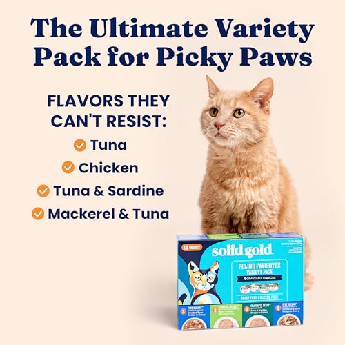Image of Solid Gold Wet Cat Food Variety Pack - Pate & Shreds in Gravy - Healthy Canned Cat Food Pate w /Real Chicken, Tuna, Mackerel & Sardine - Grain Free & Gluten Free Can Meals for Cats & Kittens - 12ct /3oz