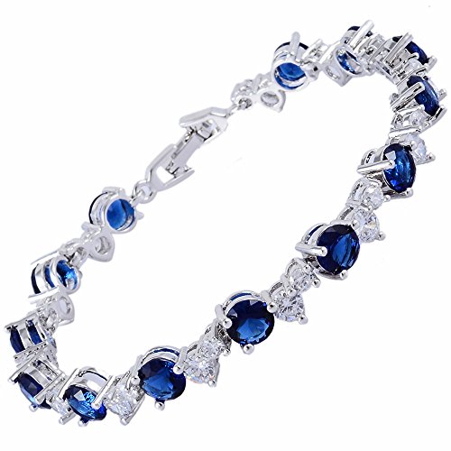 Rizilia Tenis Pulsera [19cm/7.5inch] con Corte Redondo Piedras Preciosas Circonita CZ [Zafiro Azul] en 18K Chapado en Oro Blanco, Elegancia Moderna Sencillo