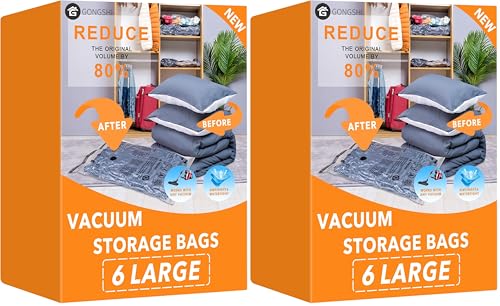 Image of 6 Large Vacuum Storage Bags,Plastic Packaging Bags,Space Saver Sealer Compression Bags for Blankets, Comforters, Pillows, Clothes Storage (Pack of 2)