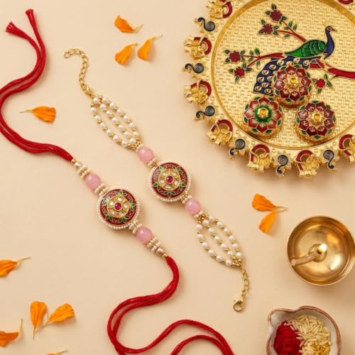 Image of Traditional Meenakari Kundan Bhaiya Bhabhi Rakhi Set | Elegant Lumba Bracelet for Bhabhi and Designer Bracelet for Bhaiya | Premium Rakshabandhan Gift Set