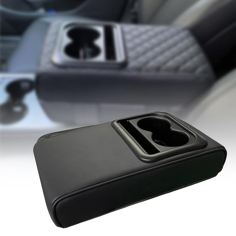 Auto Center Console Armrest Cushion with 2 Cup Holder PU Leather Armrest Pad Portable Car Armrest Pillow Cover Height Pad (Black)