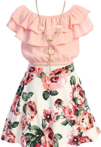 Image of Cold Shoulder Crop Top Ruffle Layered Top Flower Girl Skirt Sets for Girl