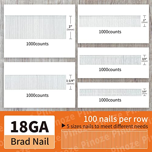 Pinoze 18 Gauge Brad Nails Galvanized, 5000-Count (2”, 1-1/4”, 1”, 3/4”, 5/8 Inch) 18Ga Nail Gun Nails Assorted And Small Finishing Nails Assortment For Pneumatic, Electric Brad Nailer Gun #TOP2