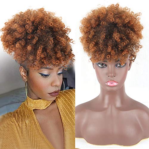 Aisaide High Afro Puff Drawstring Ponytail Extension for Black Women, Short Afro KInky Curly Ponytail with Bangs Hair Bun Synthetic Curly Hairpieces Updo Hair Extensions with Two Clips