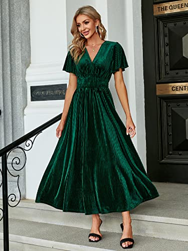Image of Simplee Women's V Neck Velvet Maxi Dress Short Sleeve Empire Waist Long Formal Dress for Wedding Guest