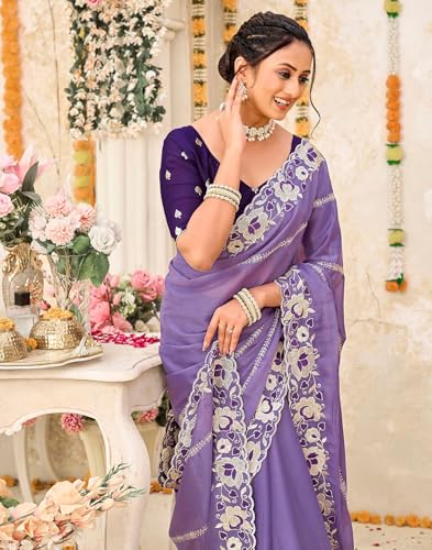 Image of SIRIL Women's Shimmer Georgette Scalloped Border Sequins Embroidery Saree with Unstitched Blouse Piece